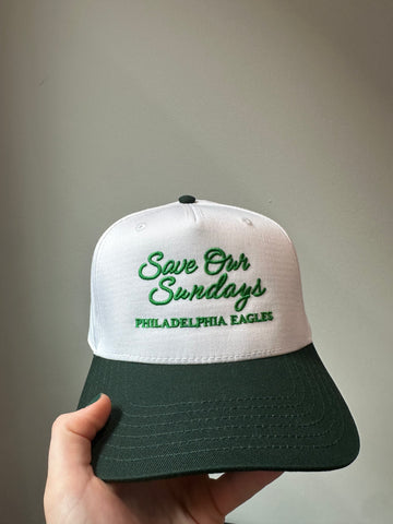 Save Our Sundays Philadelphia Eagles- Kelly and Dark Green on White Trucker Hat