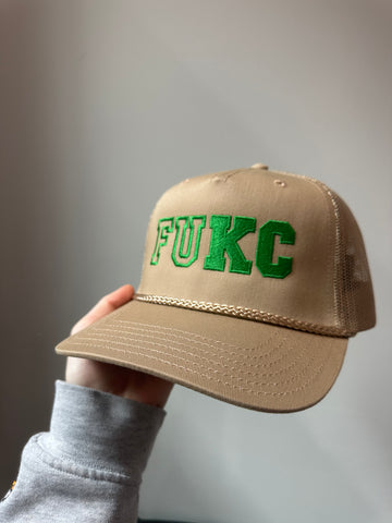 FUKC- Tan and Green Trucker Hat, Mesh Back
