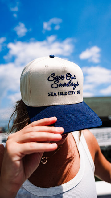 Save Our Sundays Sea Isle City- Cream and Navy Trucker Hat