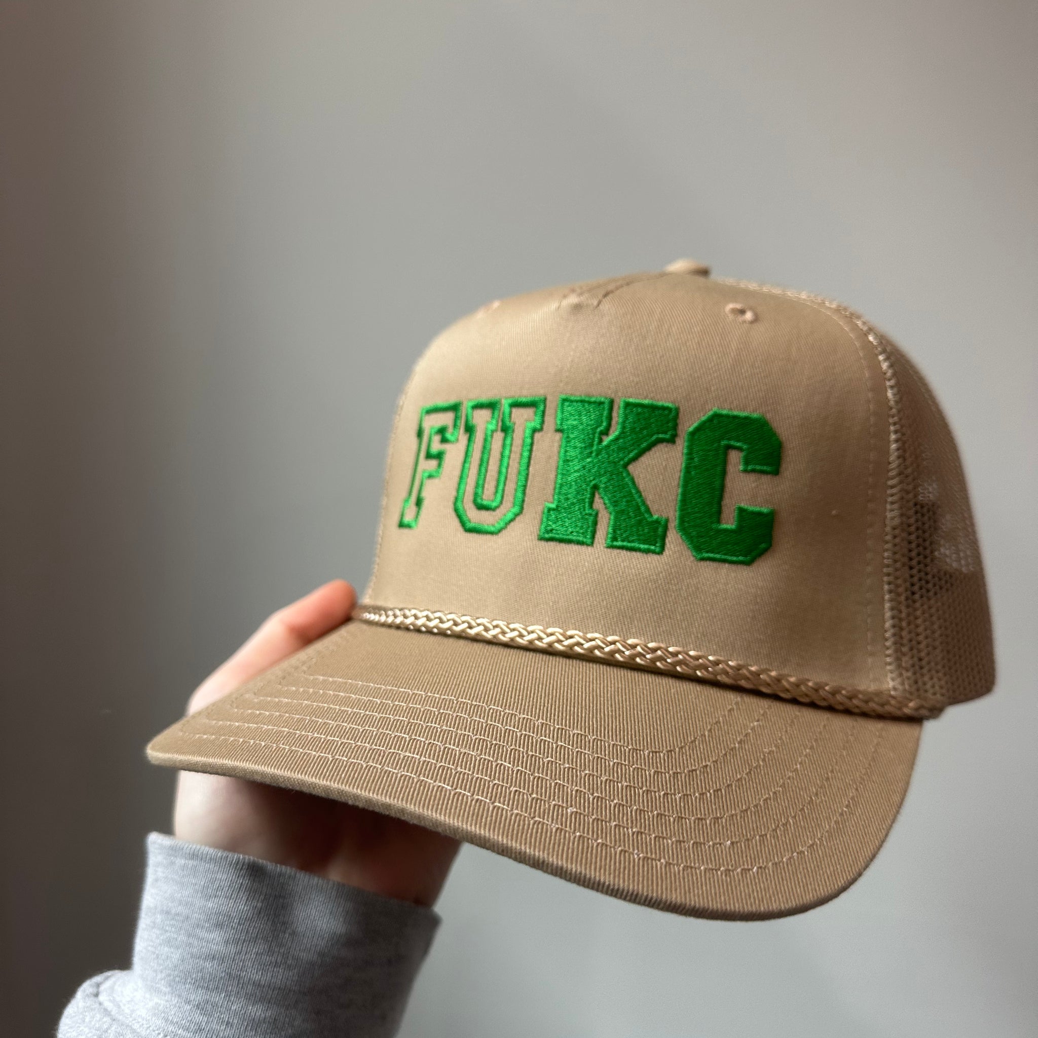 FUKC- Tan and Green Trucker Hat, Mesh Back