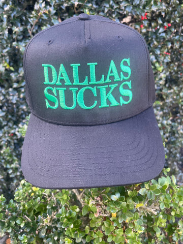 DALLAS SUCKS- BLACK TRUCKER HAT KELLY GREEN THREAD