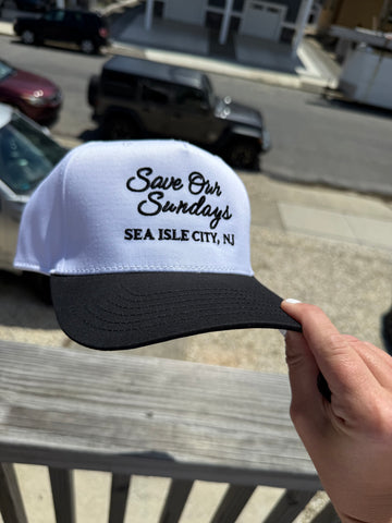 Save Our Sundays Sea Isle City- White and Black Trucker Hat