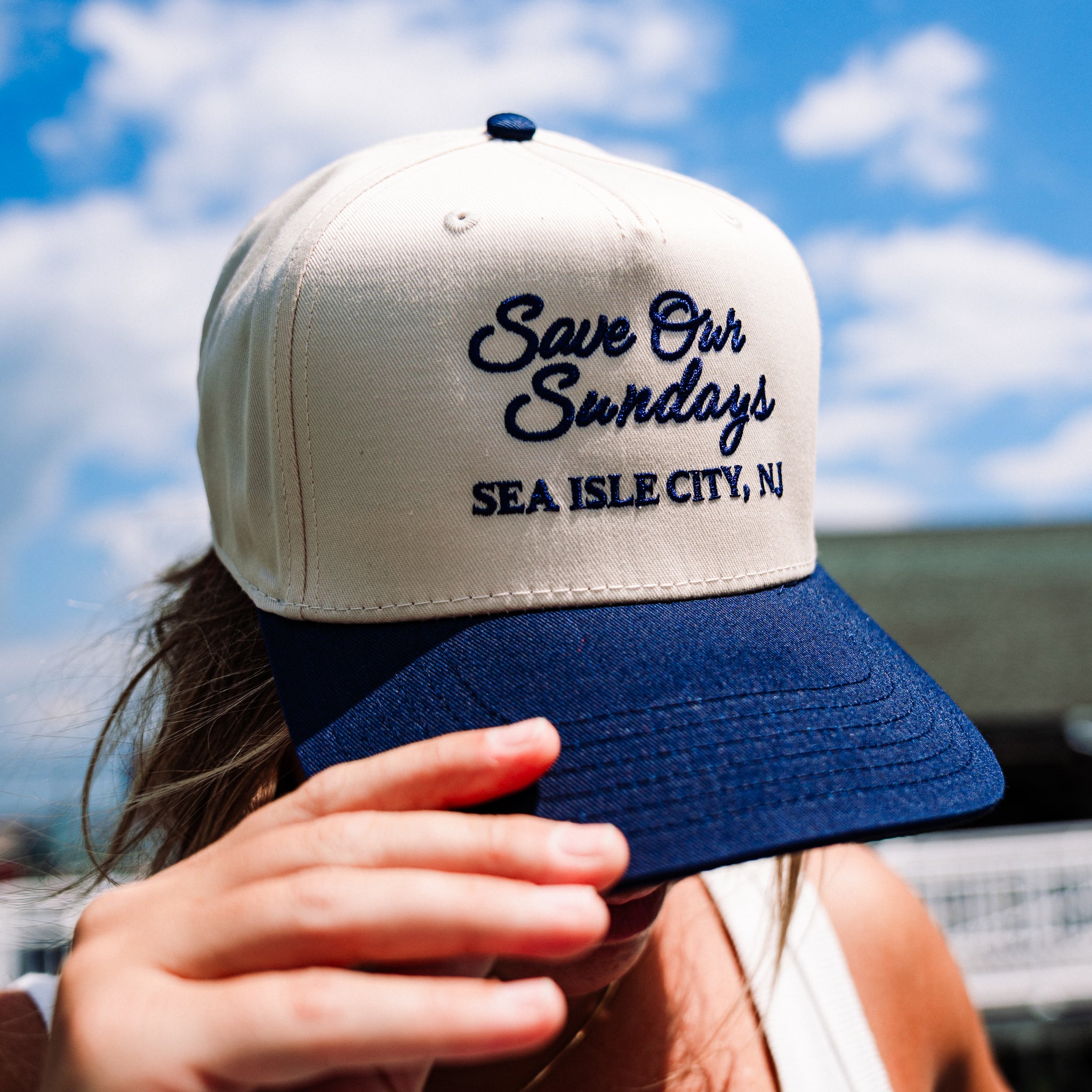 Save Our Sundays Sea Isle City- Cream and Navy Trucker Hat
